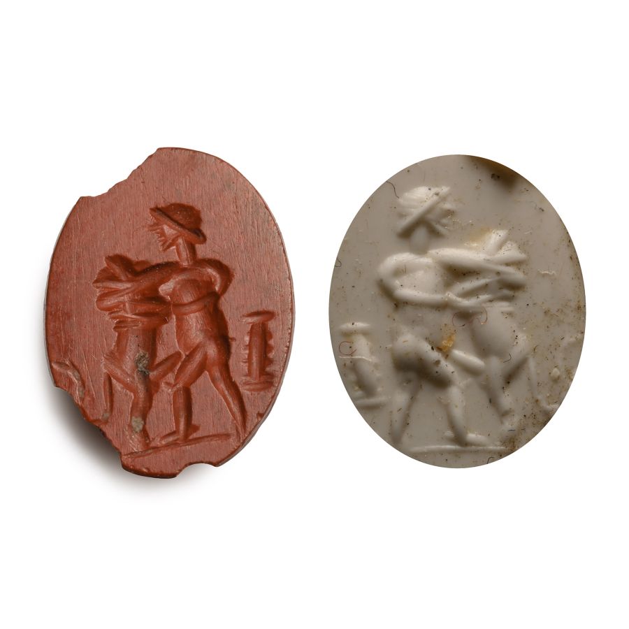 Roman Red Jasper Gemstone with Gladiator Fighting a Lion