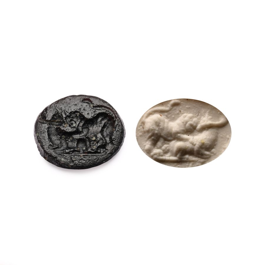 Roman Glass Gem with Lion Attacking a Bull