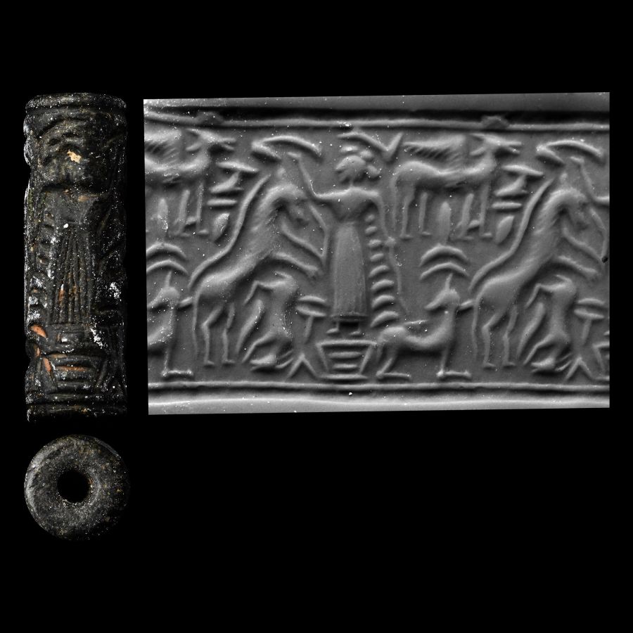 Western Asiatic Black Stone Cylinder Seal with Master of Animals