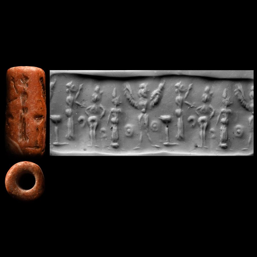 Western Asiatic Pink Stone Cylinder Seal with Figural Scene