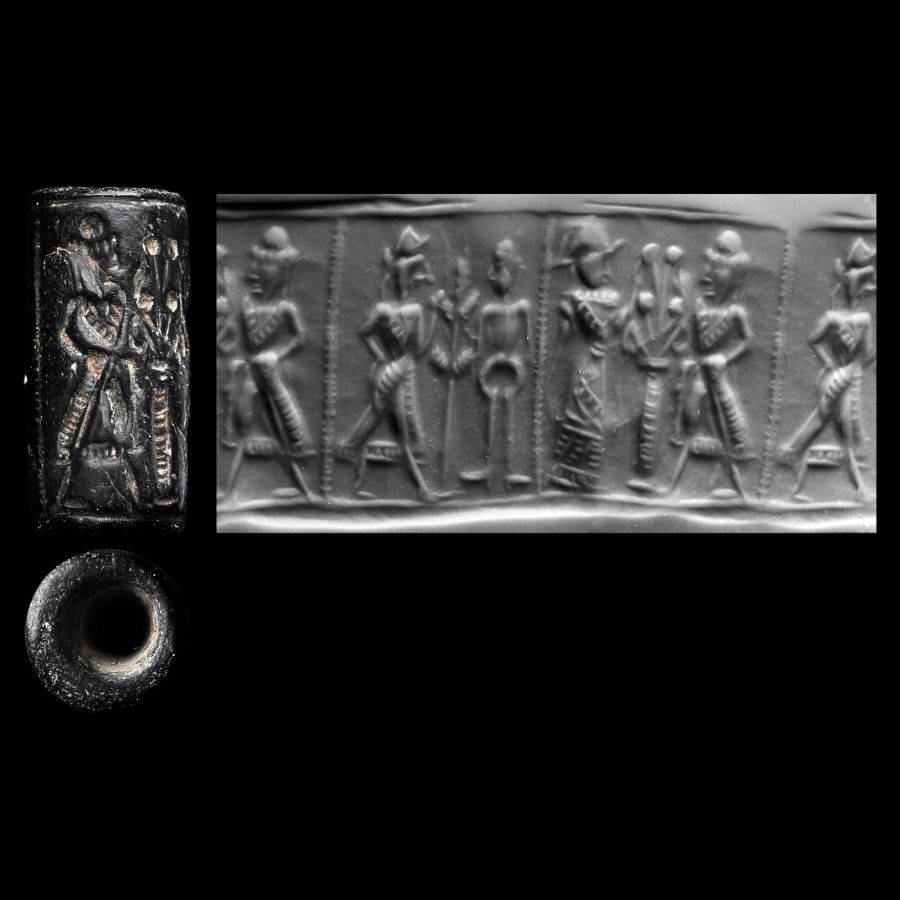 Western Asiatic Black Stone Cylinder Seal with Figural Scene