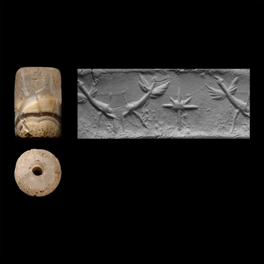 Western Asiatic Banded Agate Cylinder Seal with Birds