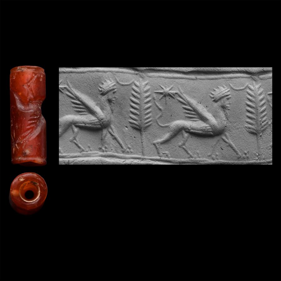Western Asiatic Carnelian Cylinder Seal with God Lamassu