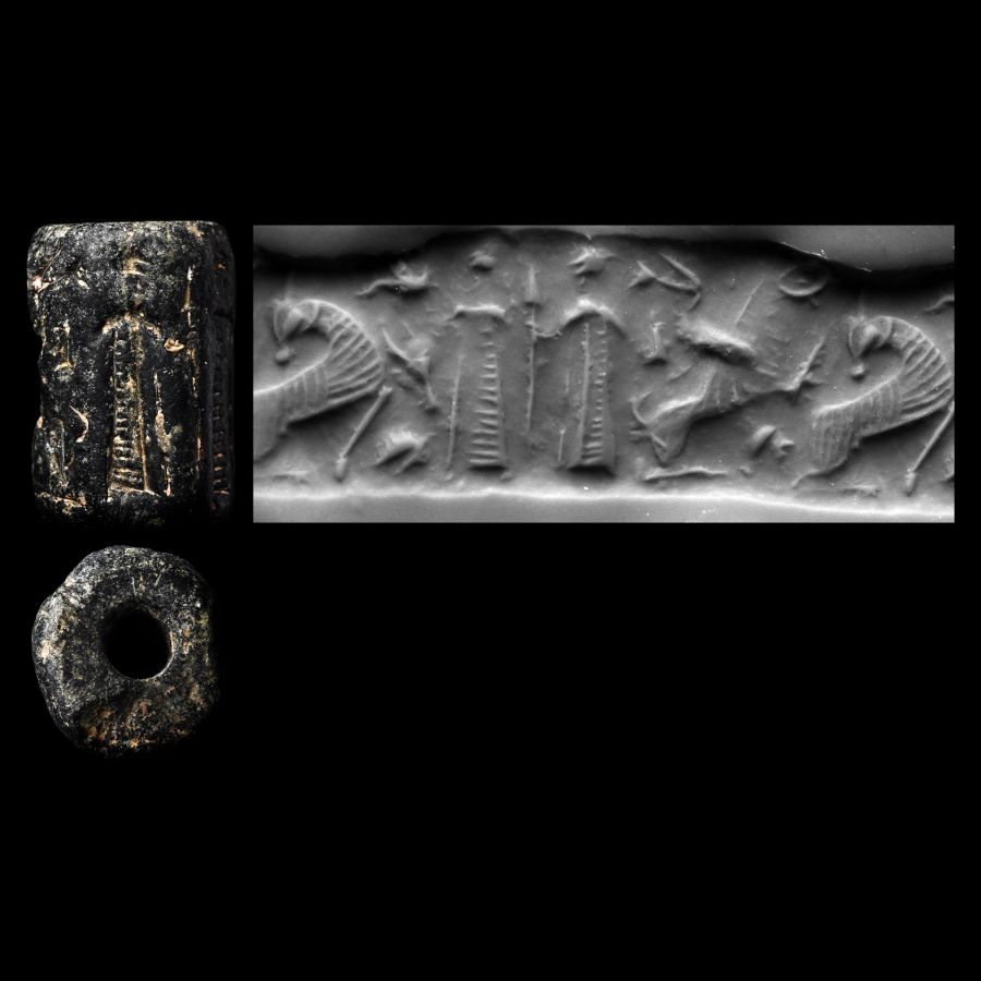 Western Asiatic Black Stone Cylinder Seal with Animals