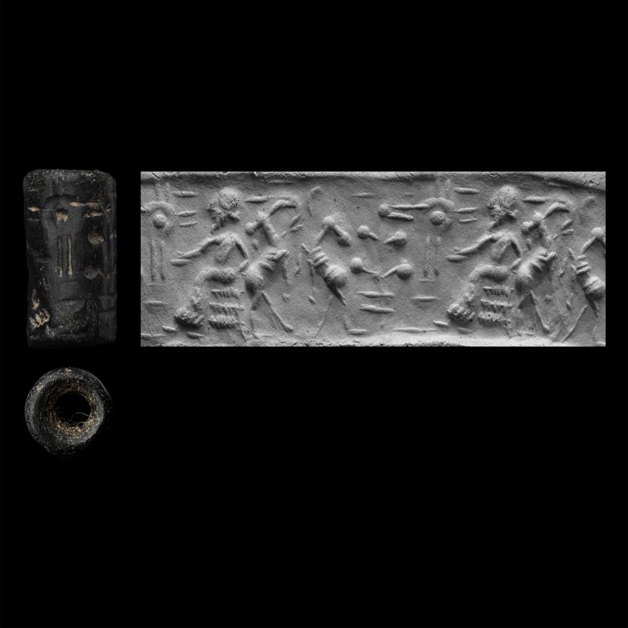 Western Asiatic Black Stone Cylinder Seal with Court Scene