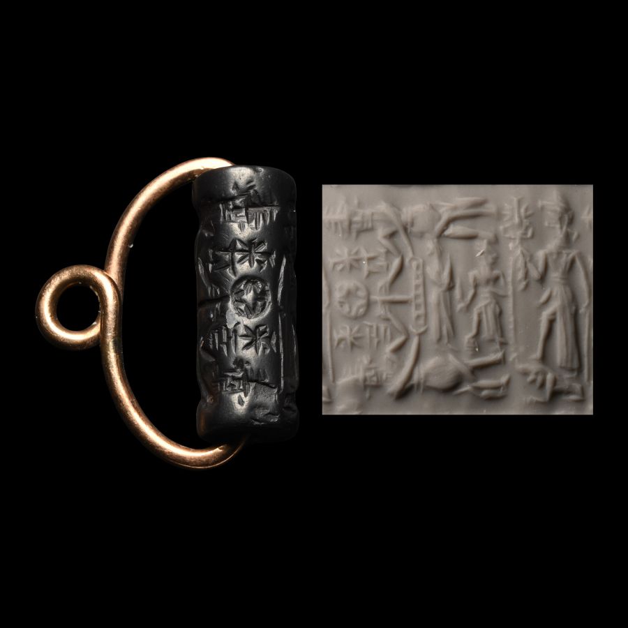Western Asiatic Cylinder Seal in Gold Mount