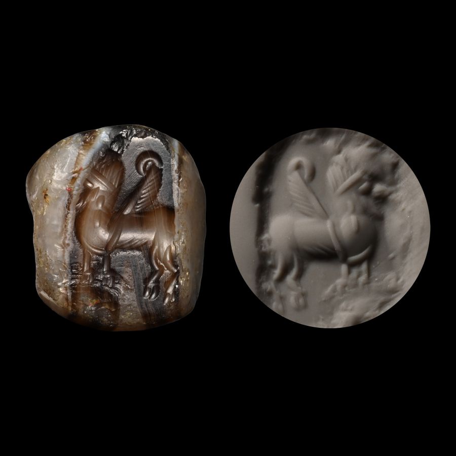 Neo-Babylonian Reused Banded Agate Stamp Seal with Lamassu