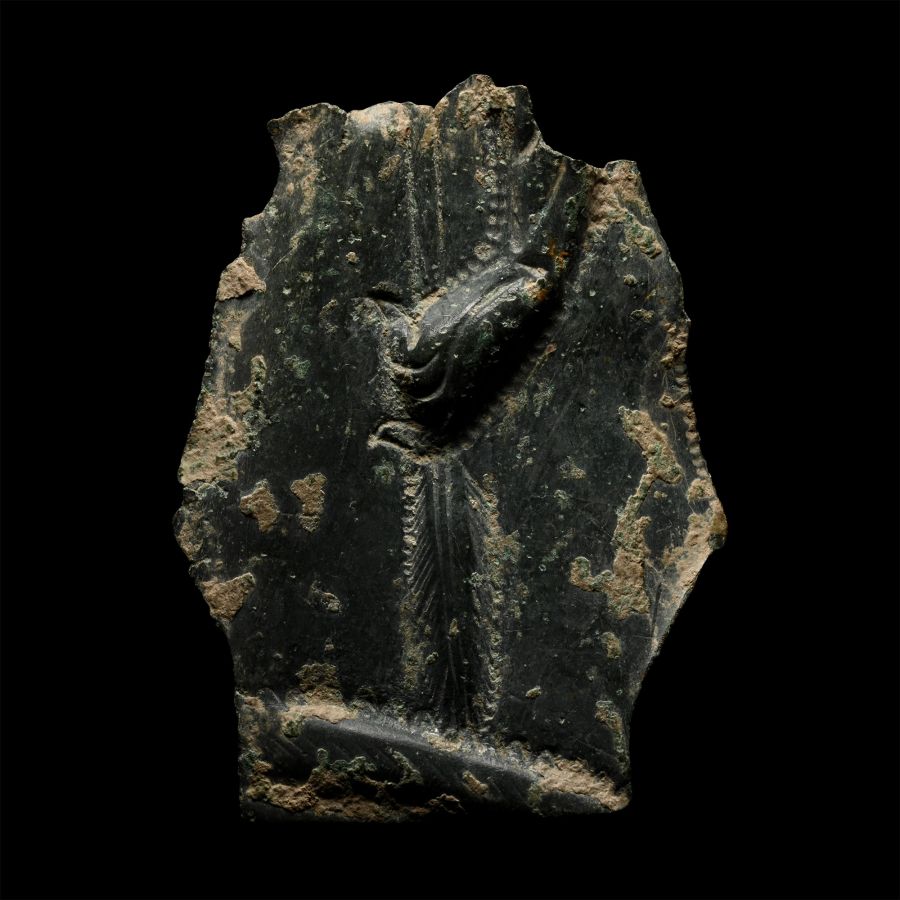 Roman Bronze Helmet Fragment with Hand Holding a Plumed Staff