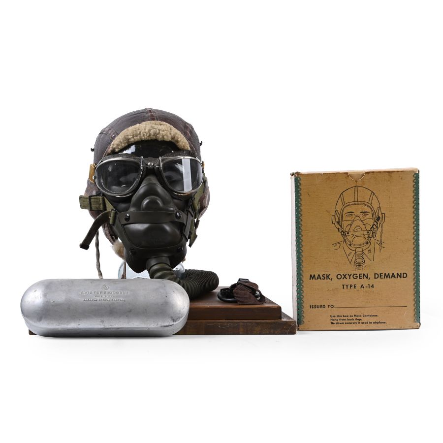 American Air Force WWII Sheepskin Helmet, Earphones, 'Posh' Goggles, Throat Mic and Oxygen Mask in Display Case