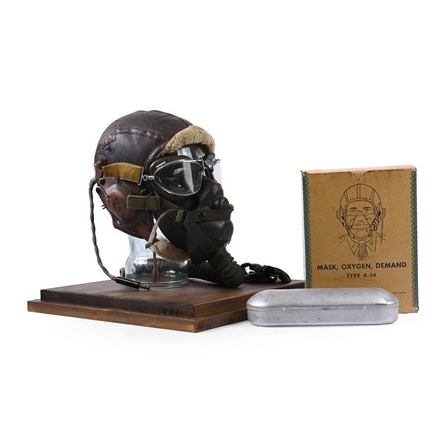 American Air Force WWII Sheepskin Helmet, Earphones, 'Posh' Goggles, Throat Mic and Oxygen Mask in Display Case