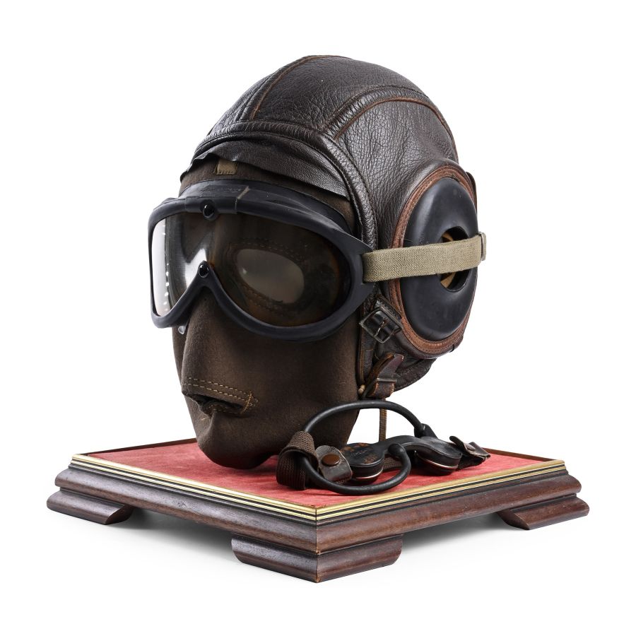 American Air Force WWII Sheepskin Helmet, Earphones, Goggles, Face Cover and Throat Mic in Display Case