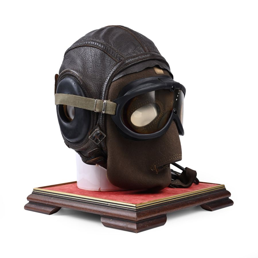American Air Force WWII Sheepskin Helmet, Earphones, Goggles, Face Cover and Throat Mic in Display Case