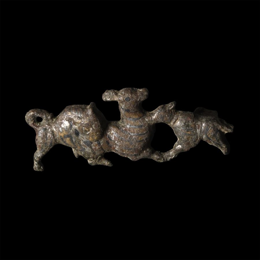 Roman Tinned Bronze Lion Pair Attacking a Deer Plate Brooch