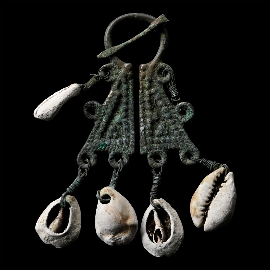 Viking Age Bronze Omega Brooch with Shell Dangles