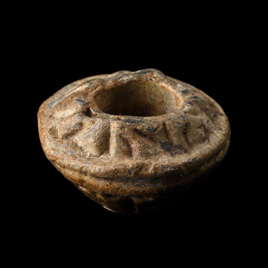 Medieval Lead Spindle Whorl with Inscription