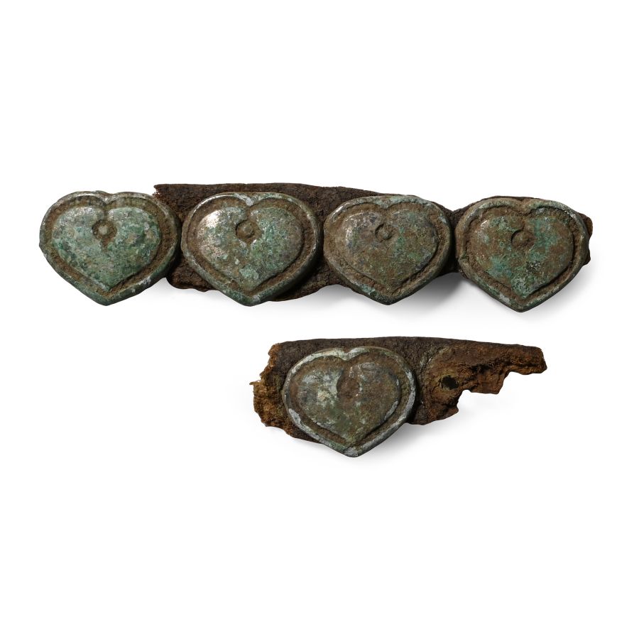 Viking Age Leather Belt Fragments with Tinned Bronze Heart-Shaped Mounts
