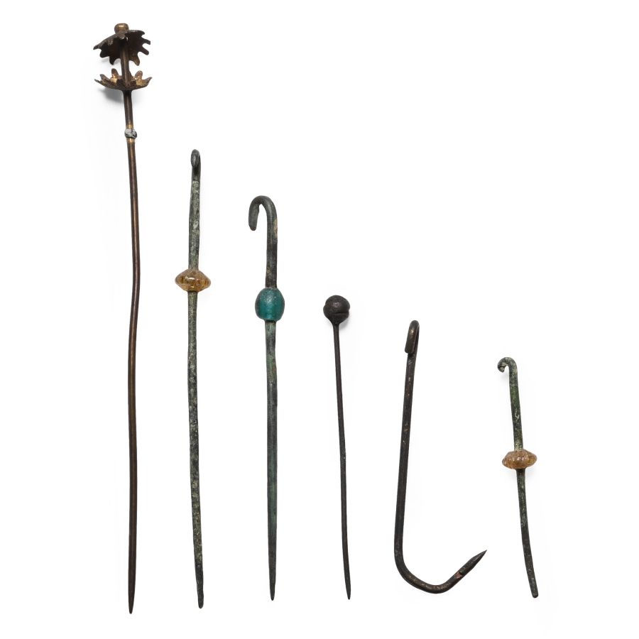 Medieval Bronze Pin and Fish Hook Group