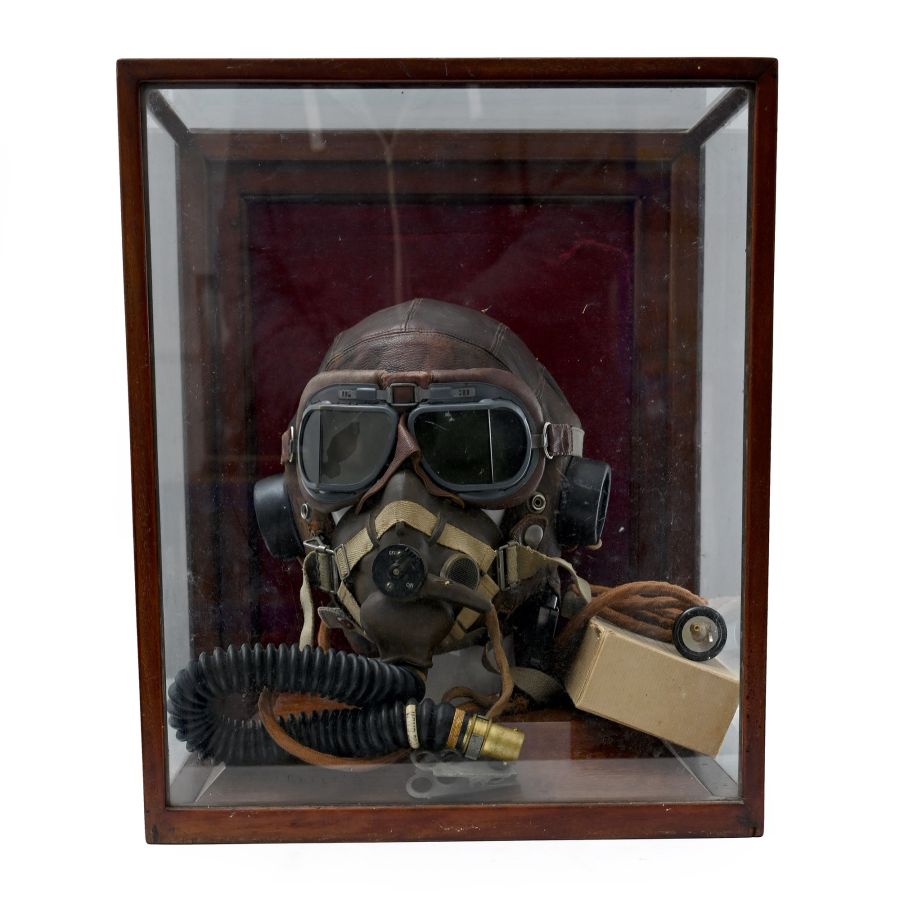 Complete Royal Air Force WWII Flying Helmet Set Up in Display Case