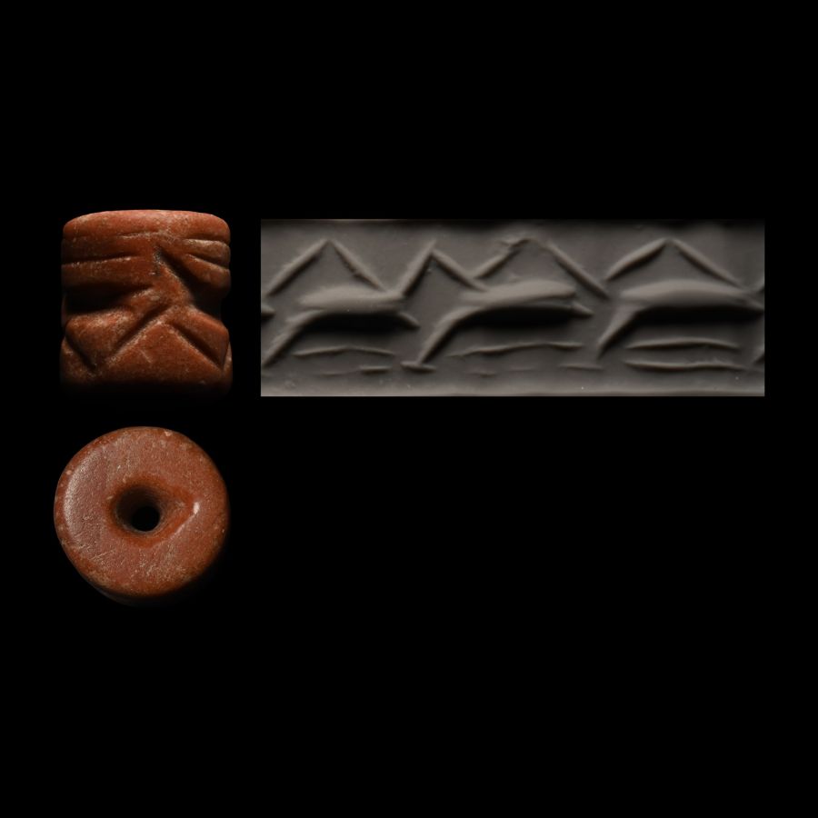 Jemdet Nasr Type Pink Jasper Cylinder Seal with Ibexes
