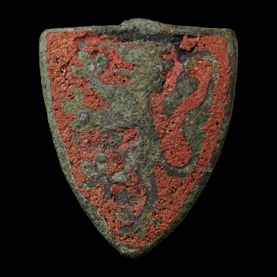 Medieval Knight's Enamelled Bronze Heraldic Horse Harness Pendant with Rampant Lion