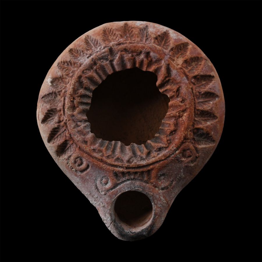 Roman Terracotta Oil Lamp with Leaves