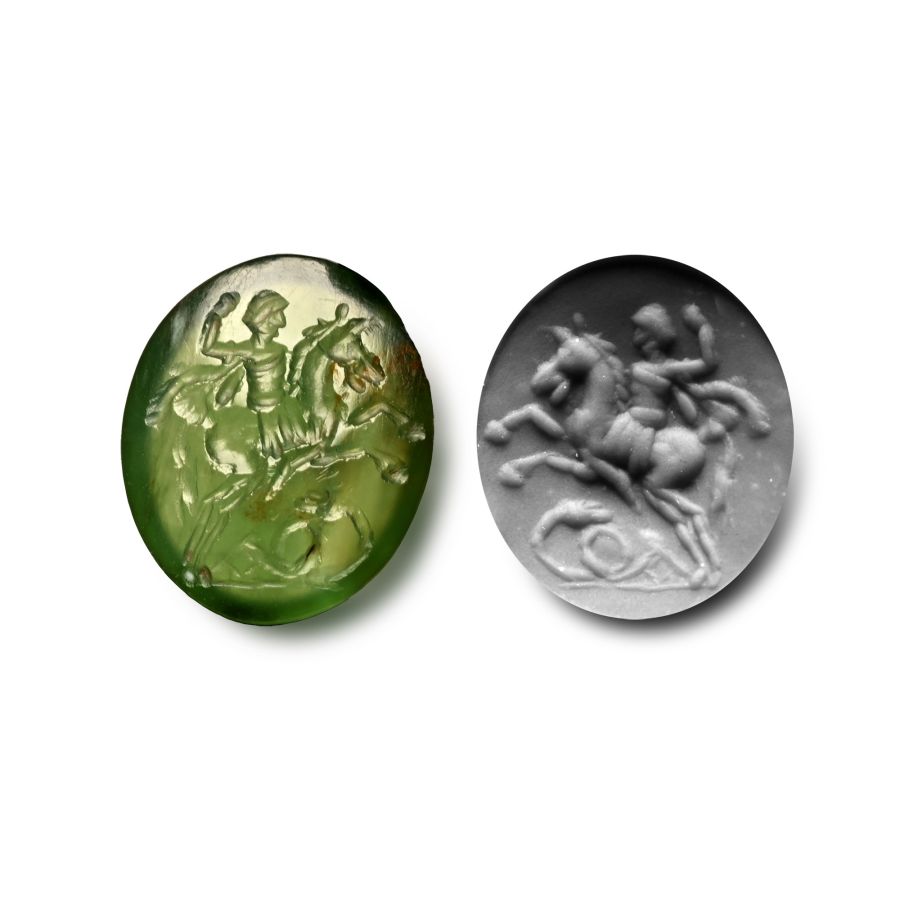 Roman Green Chalcedony Gemstone of Horse and Rider with a Snake