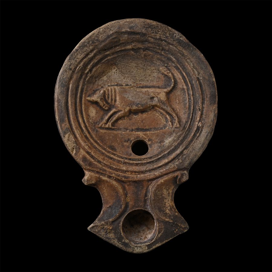 Roman Terracotta Oil Lamp with Butting Bull
