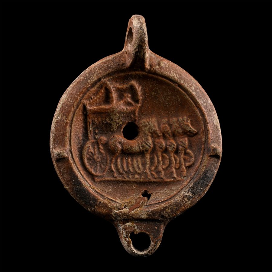 Roman Terracotta Oil Lamp with Victory Quadriga