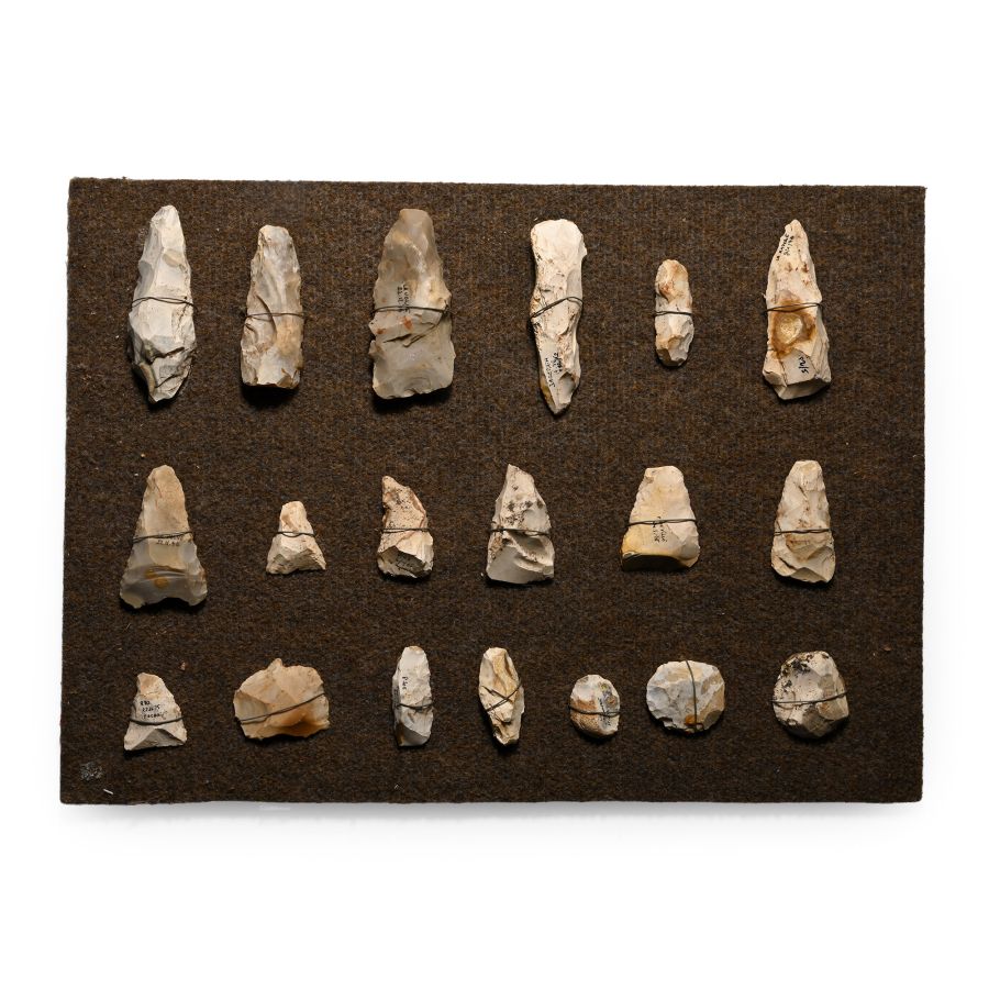 French Stone Age Axe and Other Knapped Flint Tool Display