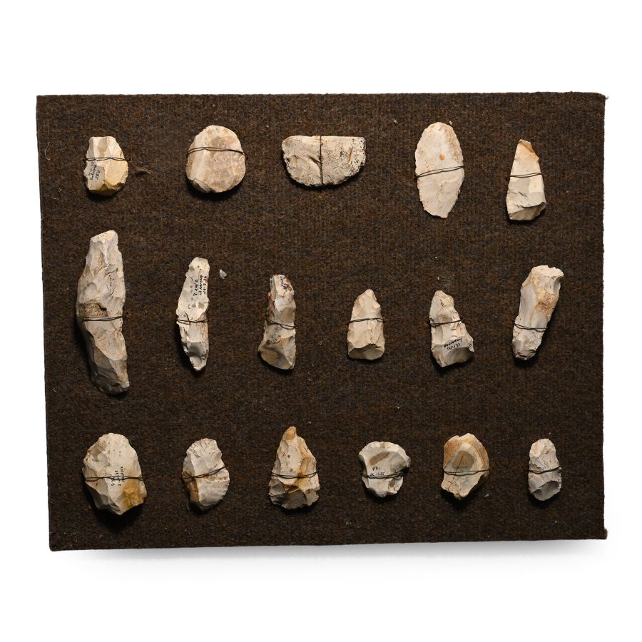 French Stone Age Axe and Other Knapped Flint Tool Display