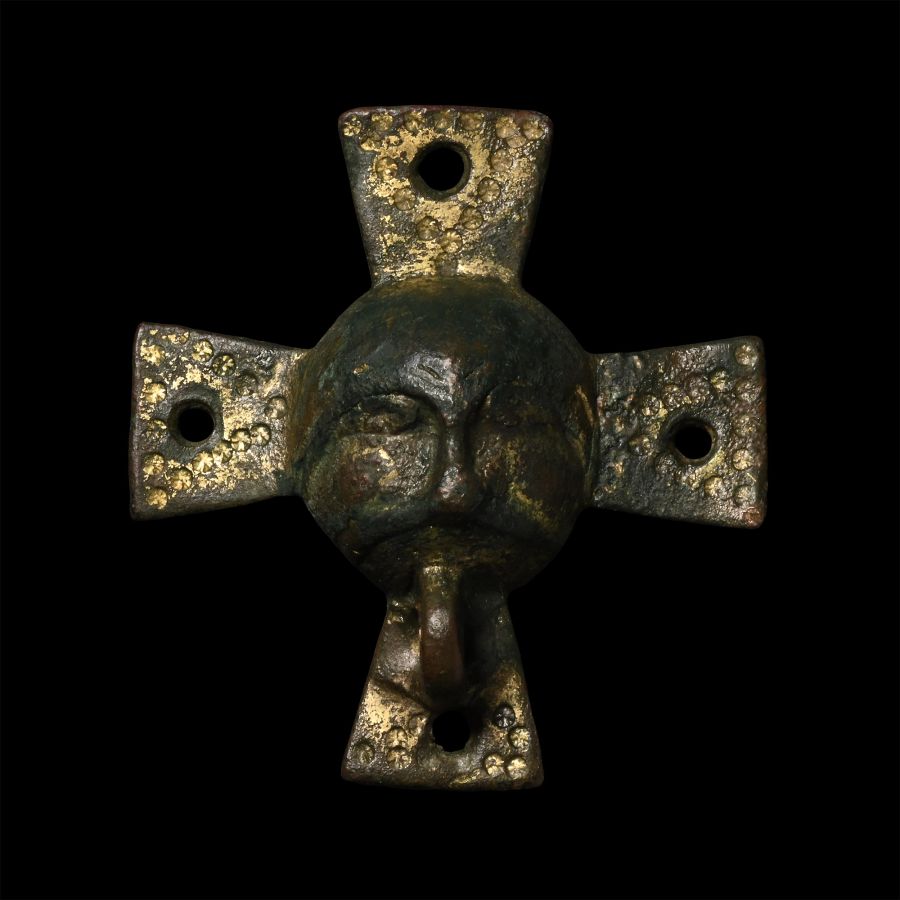 Viking Gilt Bronze Horse Harness Mount with Face