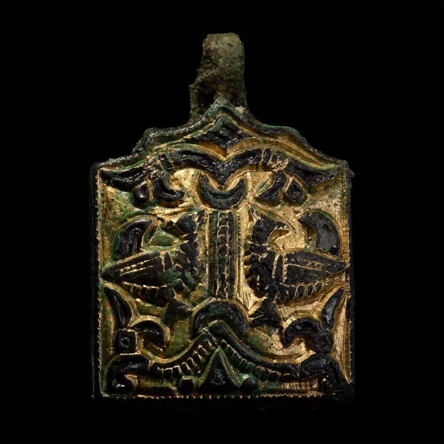 Viking Gilt Bronze Horse Harness Pendant with Birds