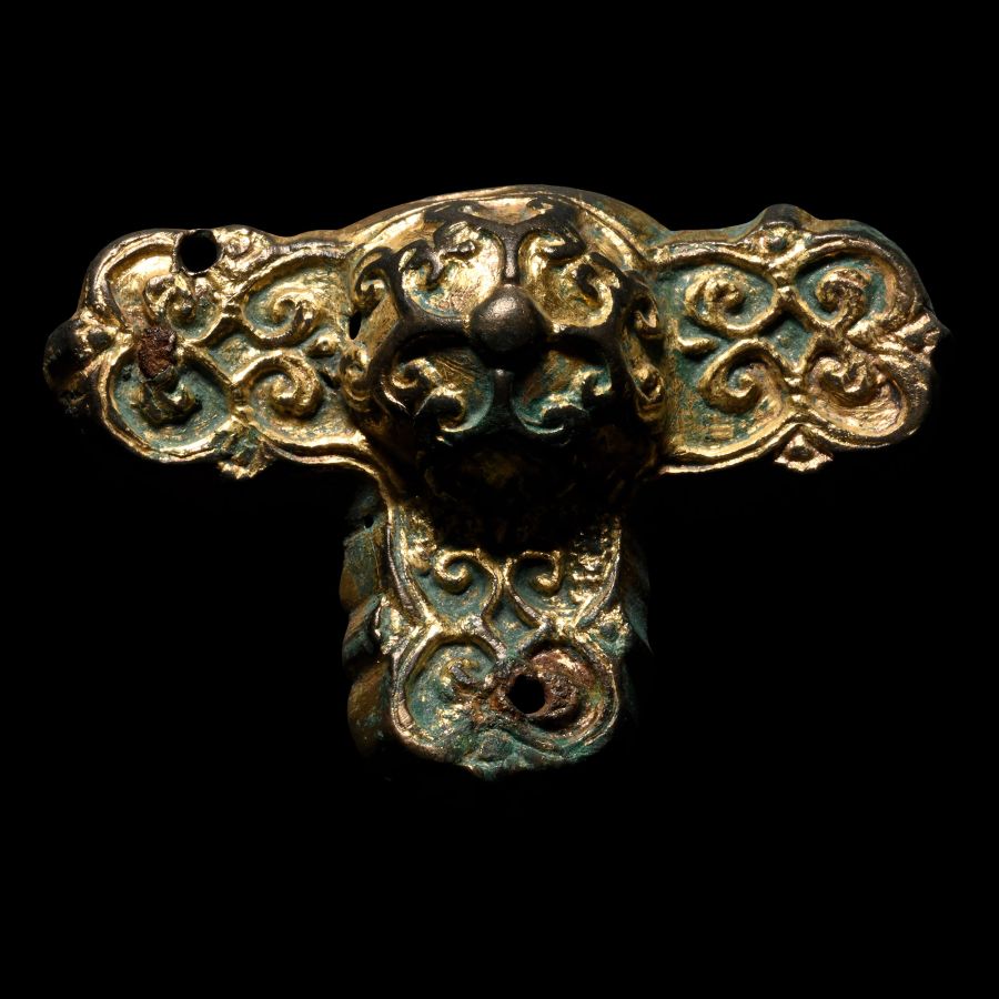 Medieval Gilt Bronze Horse Harness Mount with Floral Cross