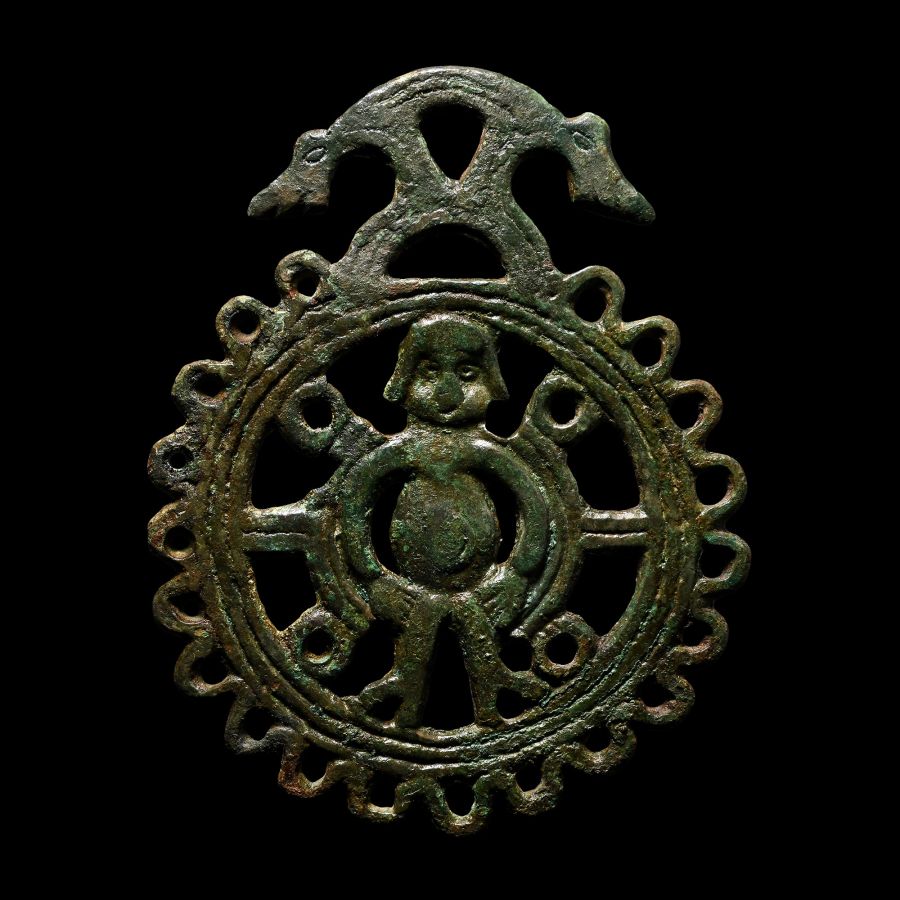 Pre-Viking Bronze Openwork Pendant with Bound Figure and Dragons