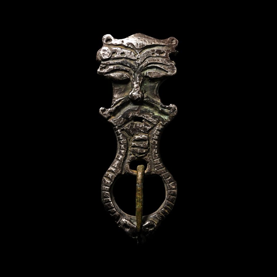 Viking Silver Buckle with Moustachioed Face