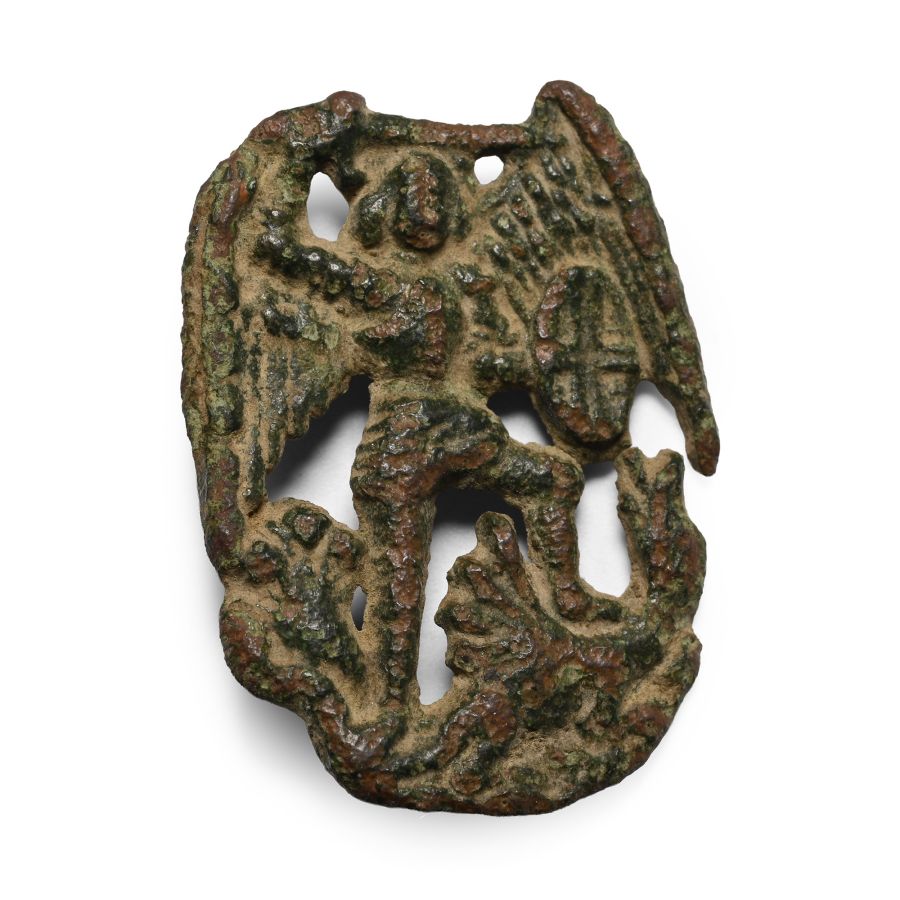 Medieval Pewter Archangel Michael Standing Over Prostrate Dragon Pilgrim's Badge