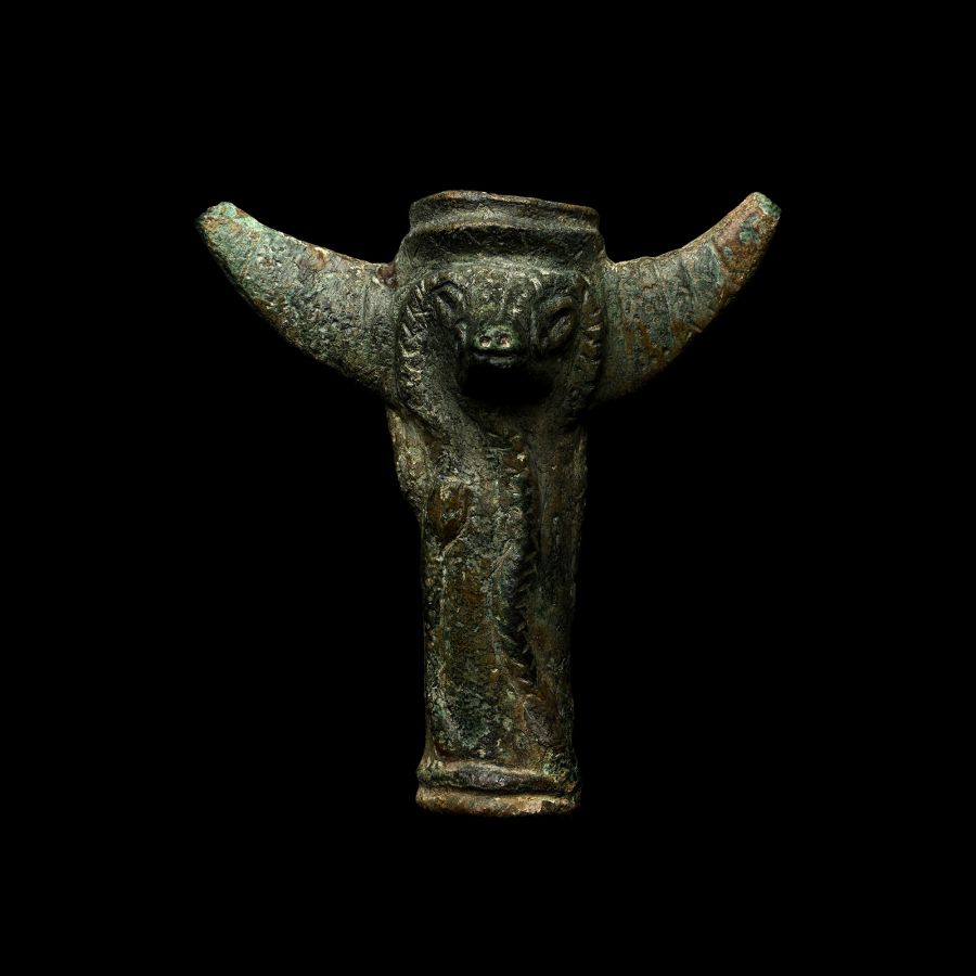 Elamite Bronze Macehead with Winged Human and Animal Figure