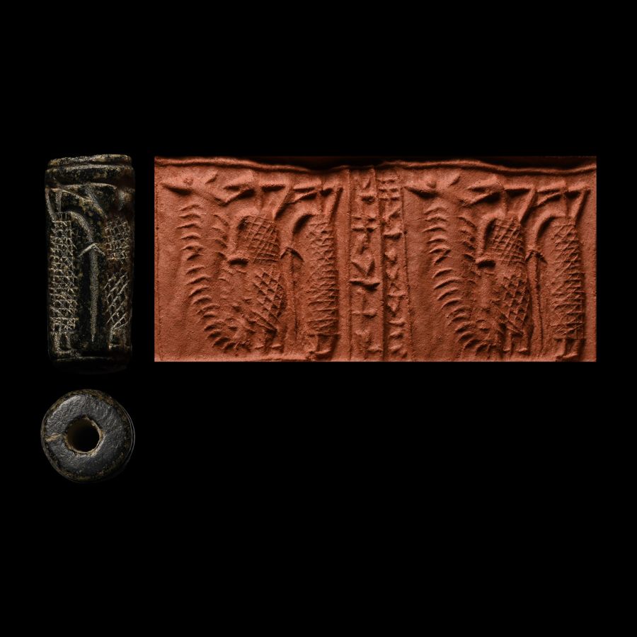 Mesopotamian Black Stone Cylinder Seal with Cuneiform Text