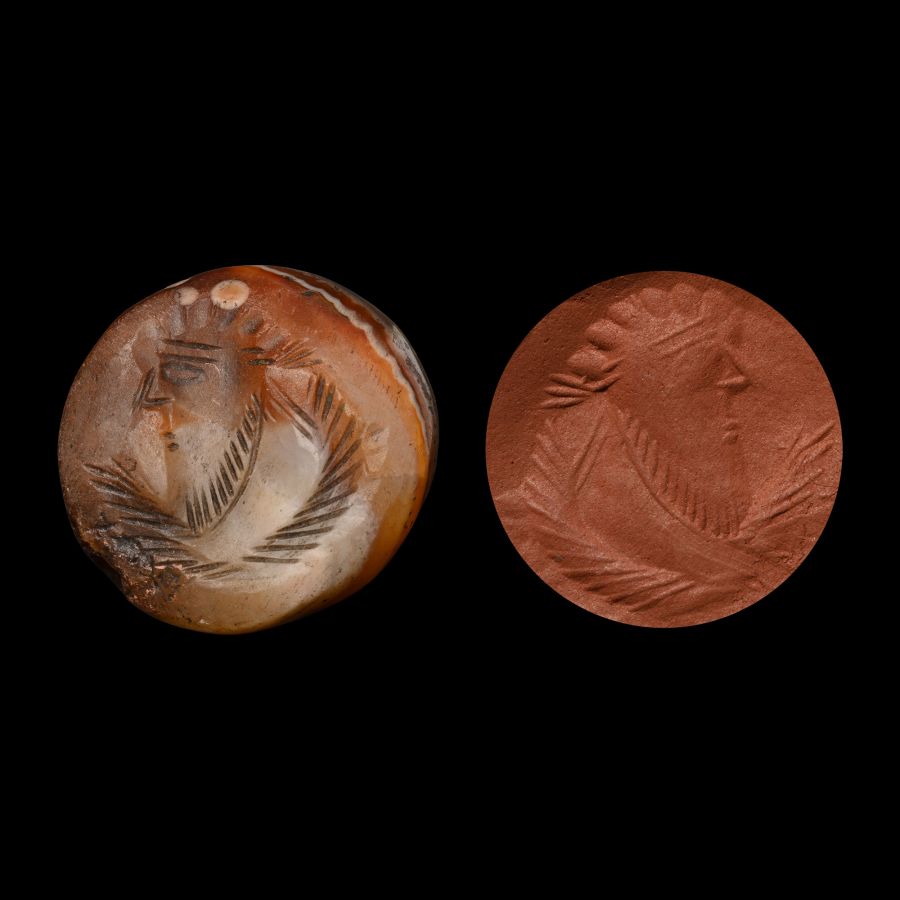 Sasanian Banded Agate Stamp Seal with Bust and Palm Fronds