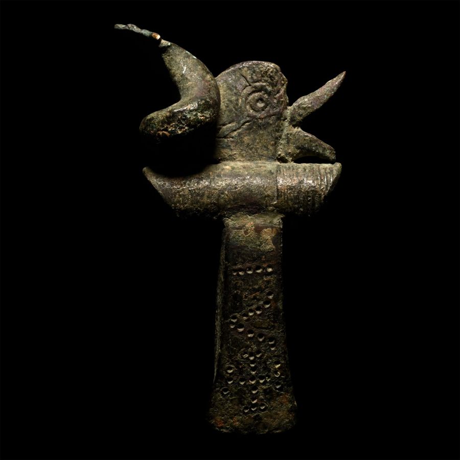 Early Byzantine Miniature Votive Axehead with Dolphin and Punched Inscription