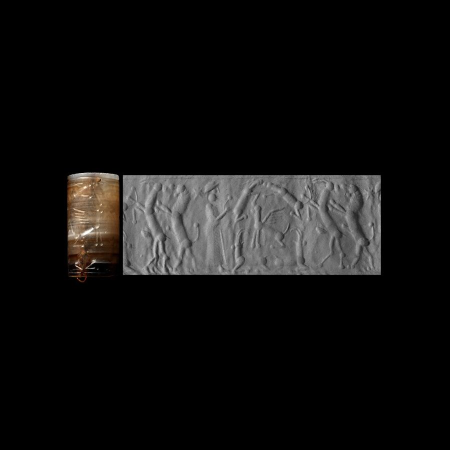 Neo-Assyrian Banded Calcite Cylinder Seal with Worshipping Scene