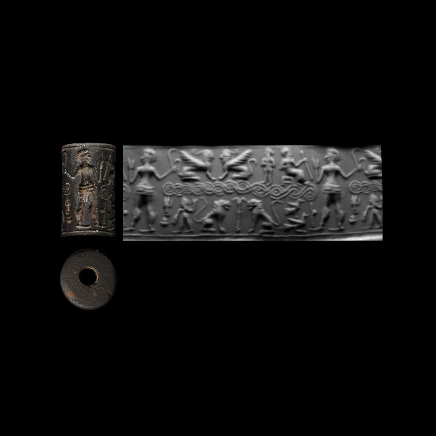 Western Asiatic Hematite Cylinder Seal with Worshipping Scene