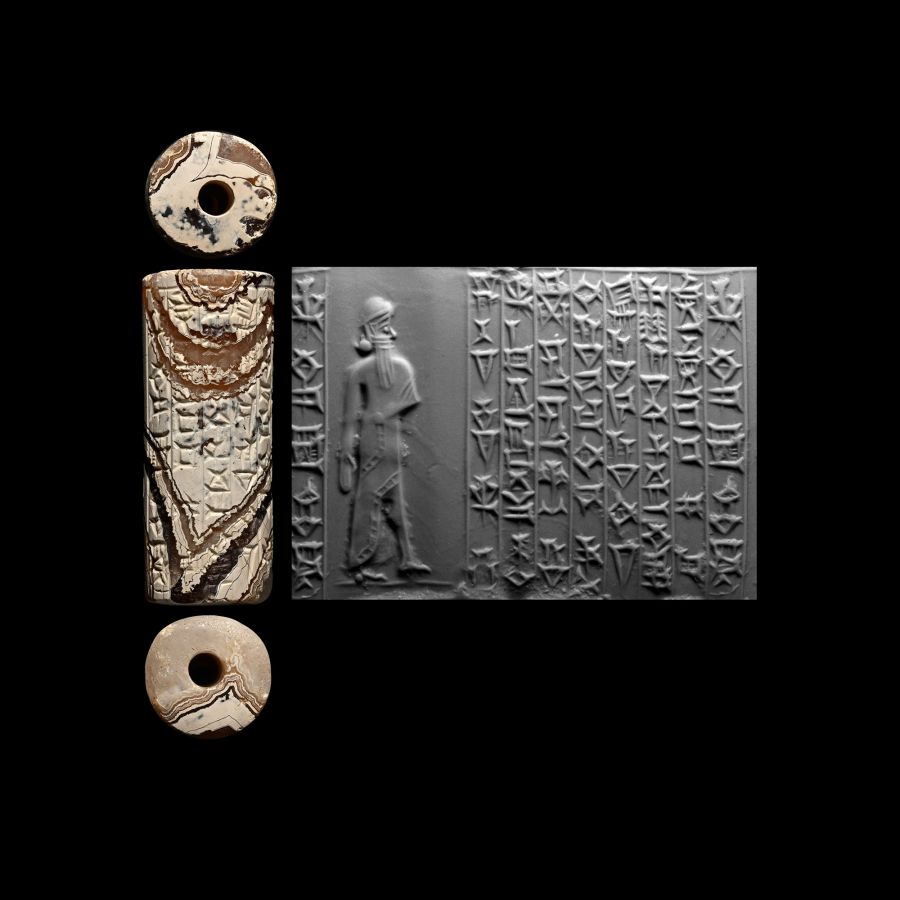 Kassite Cylinder Seal with Standing God and Sumerian Prayer to Adad, the God of Storm
