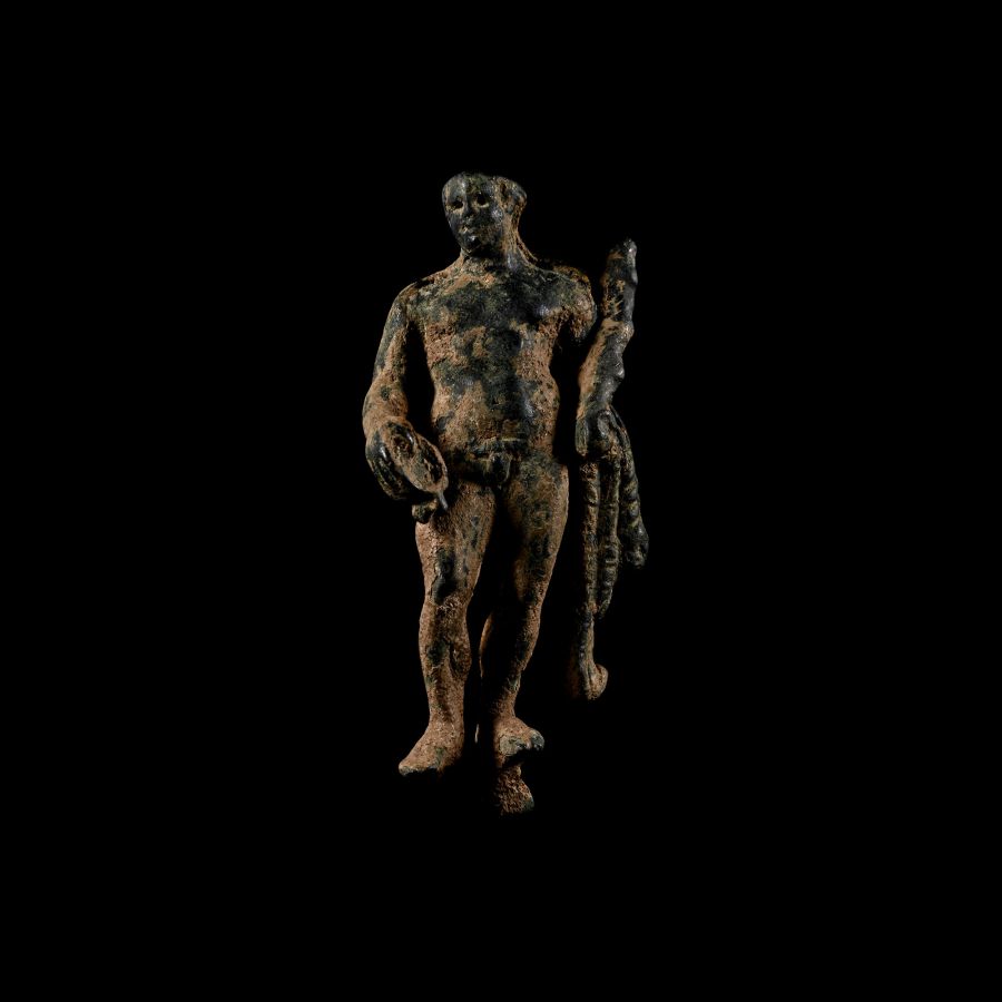 Roman Bronze Figure of Hercules Holding Club and Skyphos