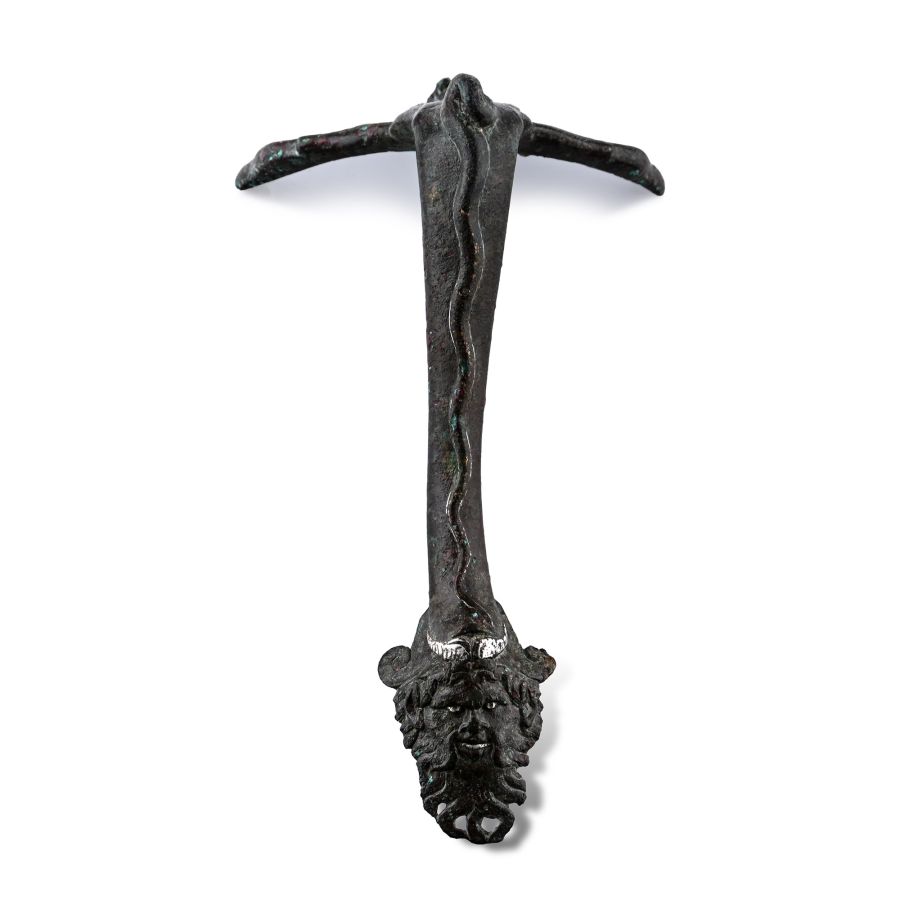 Roman Bronze Vessel Handle with Silver Inlaid Face