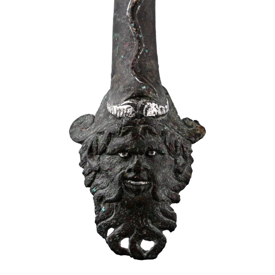 Roman Bronze Vessel Handle with Silver Inlaid Face
