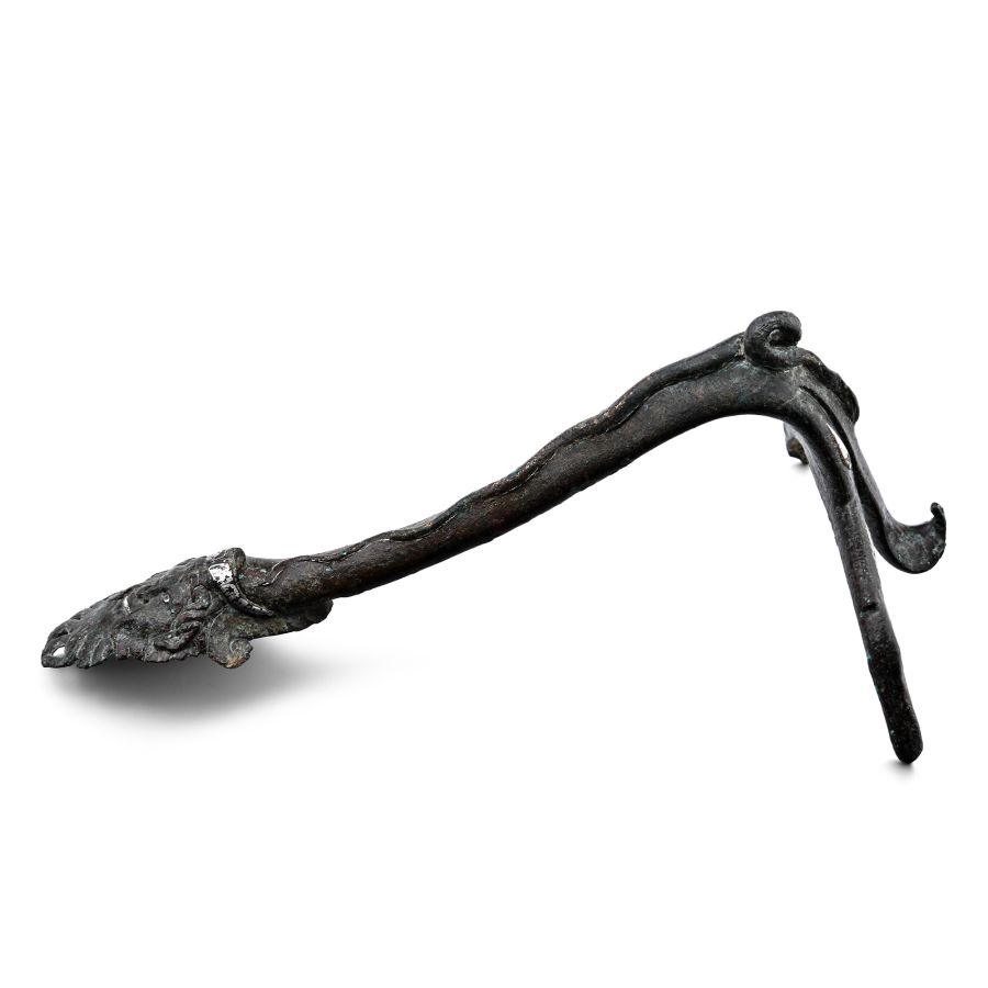 Roman Bronze Vessel Handle with Silver Inlaid Face
