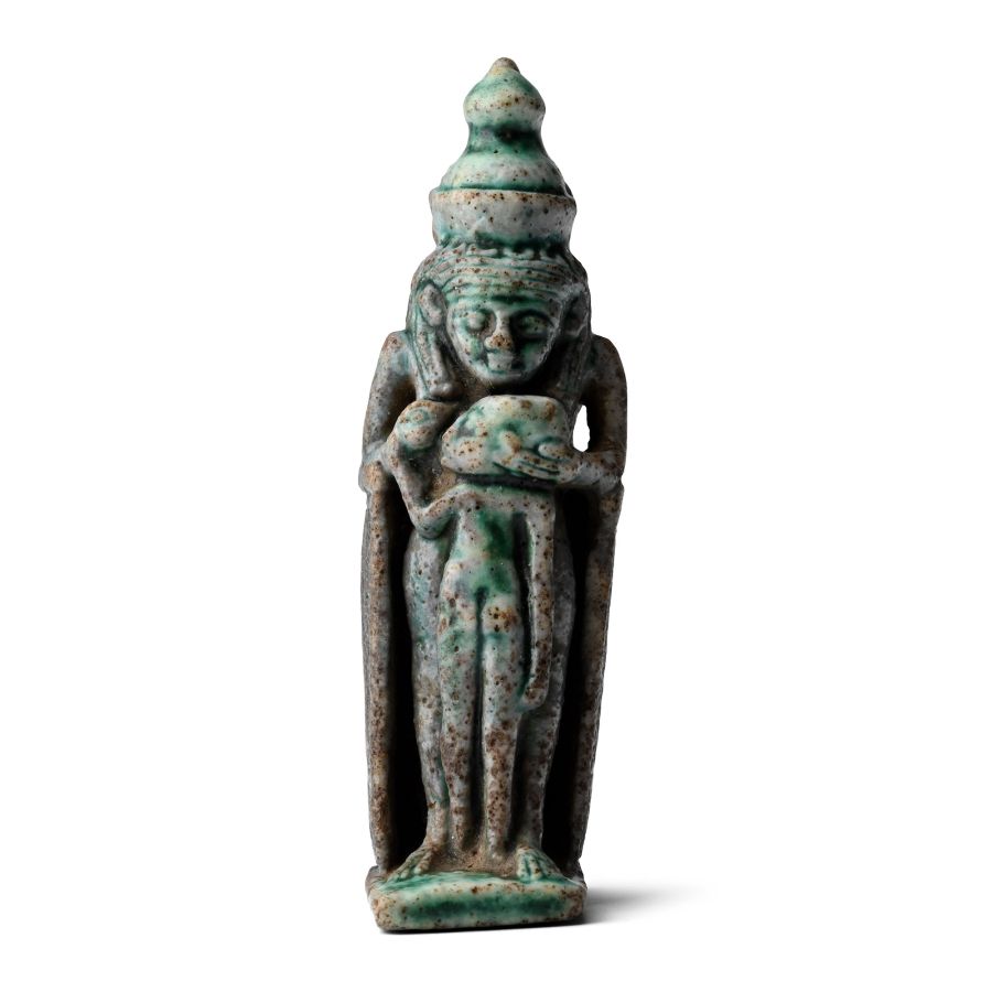 Egyptian Green Glazed Faience Mut Suckling Khonsu with Winged Sekhmet on the Back