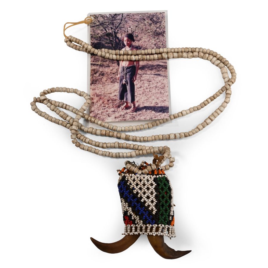 Zulu Woman's Beaded 'Goat Horn' Wedding Necklace and Photograph of an Unknown Zulu, a Descendant of the Owner, Wearing It