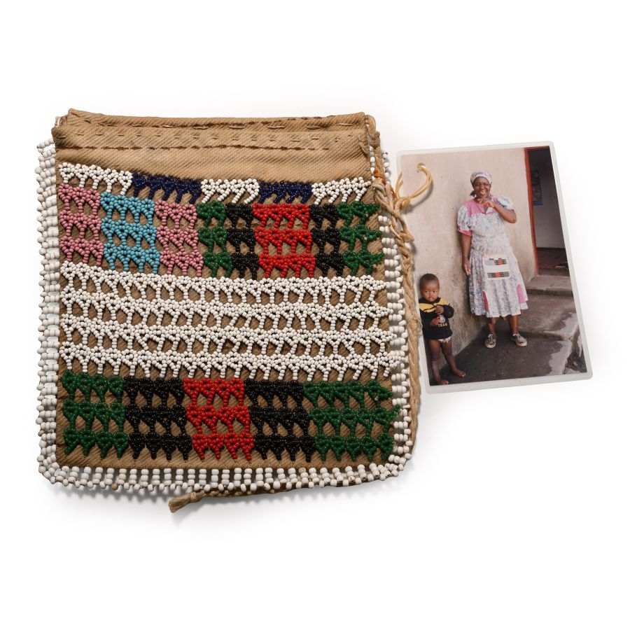 Zulu Woman's Beaded 'IIsikwama' Hand Bag Apron and Photograph of Mrs Zama Sithole, a Descendant of the Owner, Wearing It